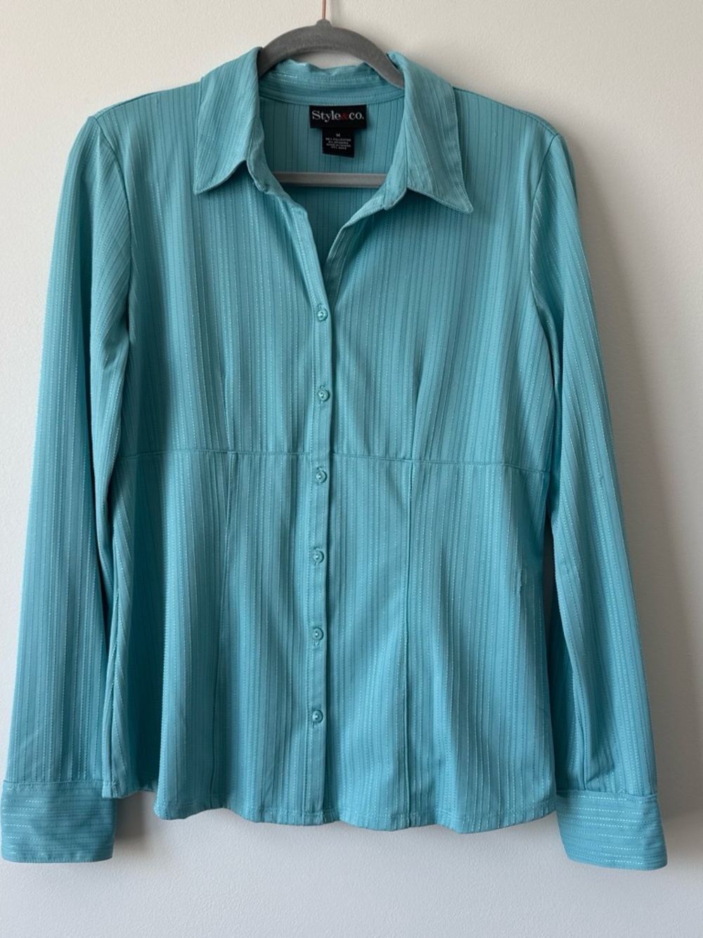 Vintage y2k Style & Co. teal blue button-up blouse with vertical stripes